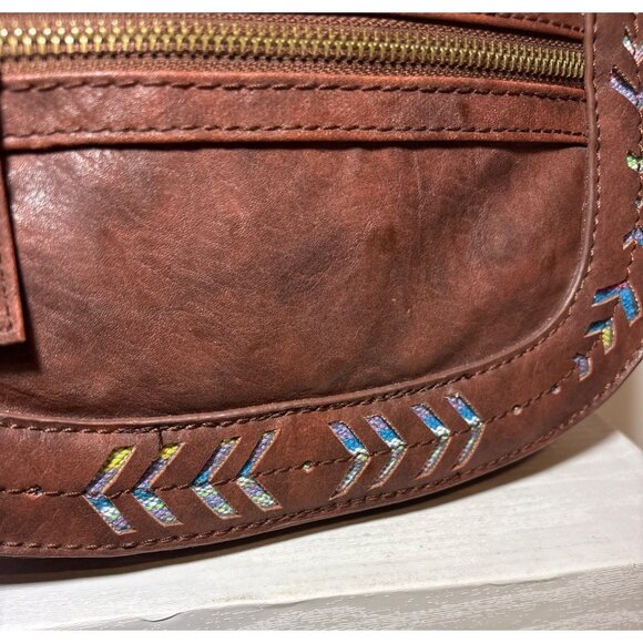 Mossimo Supply Co Brown Faux Leather Crossbody Bag Embroidered Design Zip Pocket - Picture 2 of 13